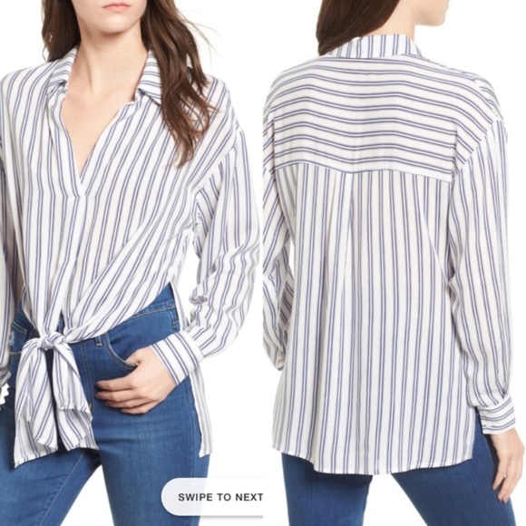 Lush Tops - Lush Stripe High-Low Button-Down Tie Front Shirt S